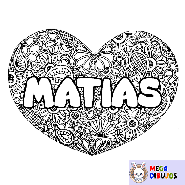 Coloraci&oacute;n del nombre MATIAS - decorado mandala de coraz&oacute;n