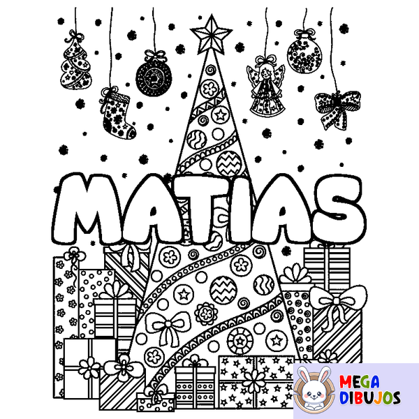 Coloraci&oacute;n del nombre MATIAS - decorado &aacute;rbol de Navidad y regalos