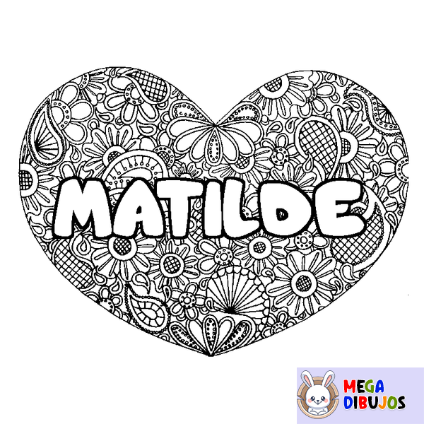 Coloraci&oacute;n del nombre MATILDE - decorado mandala de coraz&oacute;n