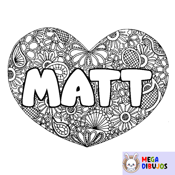 Coloraci&oacute;n del nombre MATT - decorado mandala de coraz&oacute;n