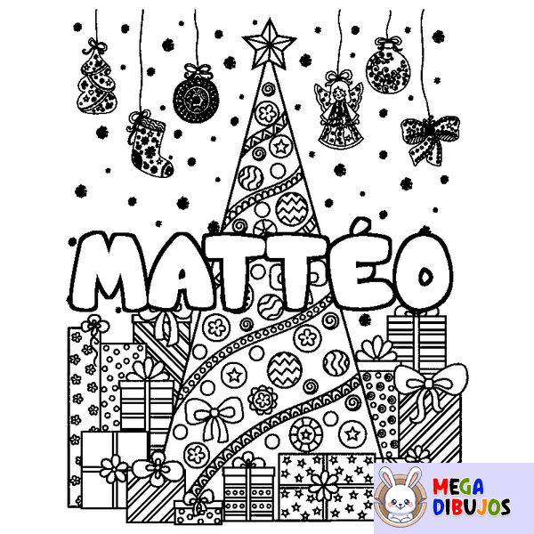 Coloraci&oacute;n del nombre MATT&Eacute;O - decorado &aacute;rbol de Navidad y regalos