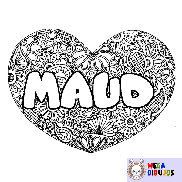 Coloraci&oacute;n del nombre MAUD - decorado mandala de coraz&oacute;n
