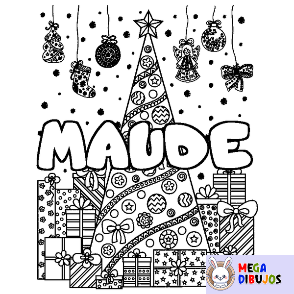 Coloraci&oacute;n del nombre MAUDE - decorado &aacute;rbol de Navidad y regalos