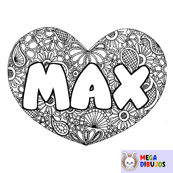 Coloraci&oacute;n del nombre MAX - decorado mandala de coraz&oacute;n