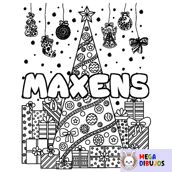 Coloraci&oacute;n del nombre MAXENS - decorado &aacute;rbol de Navidad y regalos