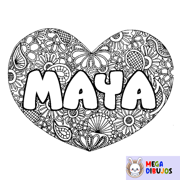 Coloraci&oacute;n del nombre MAYA - decorado mandala de coraz&oacute;n