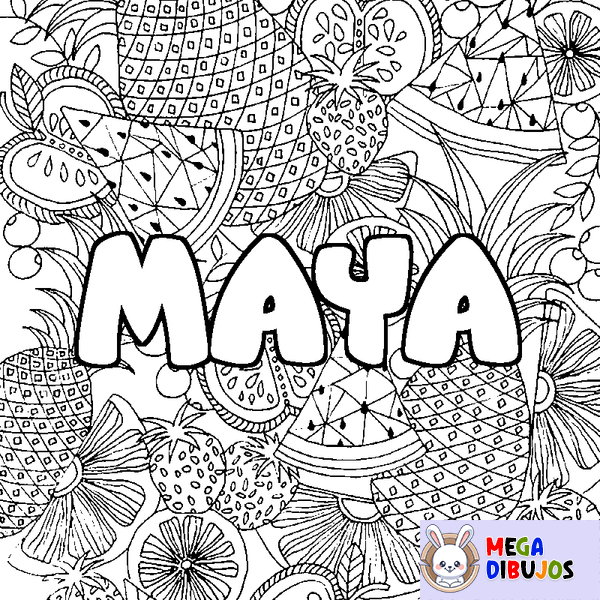 Coloraci&oacute;n del nombre MAYA - decorado mandala de frutas
