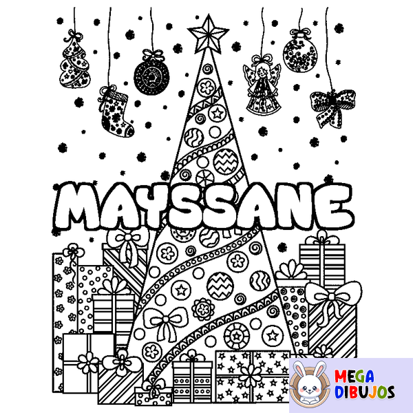 Coloraci&oacute;n del nombre MAYSSANE - decorado &aacute;rbol de Navidad y regalos