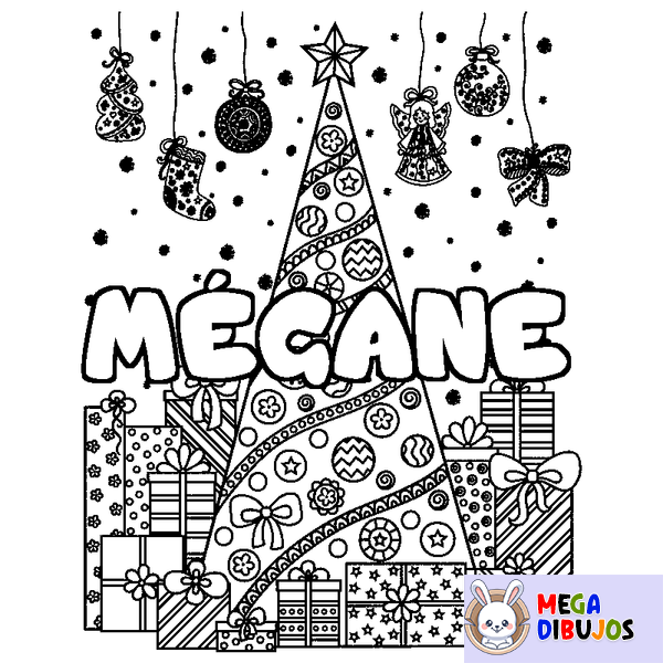 Coloraci&oacute;n del nombre M&Eacute;GANE - decorado &aacute;rbol de Navidad y regalos