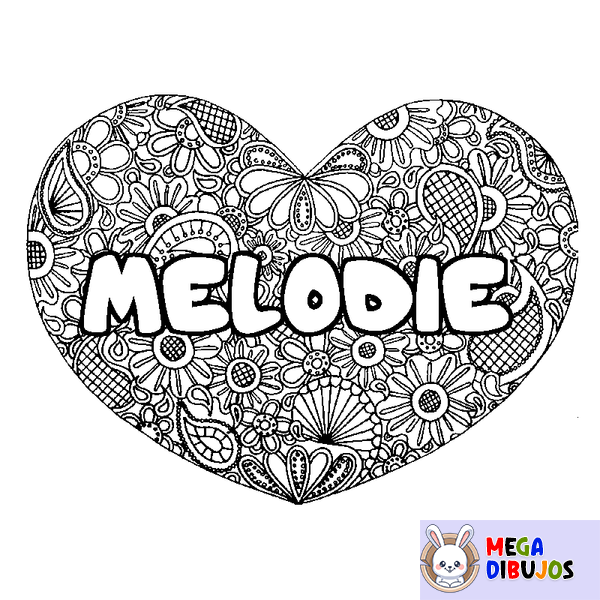 Coloraci&oacute;n del nombre MELODIE - decorado mandala de coraz&oacute;n