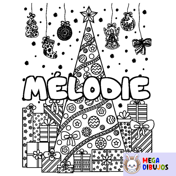 Coloraci&oacute;n del nombre M&Eacute;LODIE - decorado &aacute;rbol de Navidad y regalos