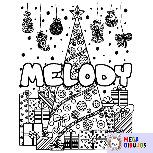 Coloraci&oacute;n del nombre MELODY - decorado &aacute;rbol de Navidad y regalos