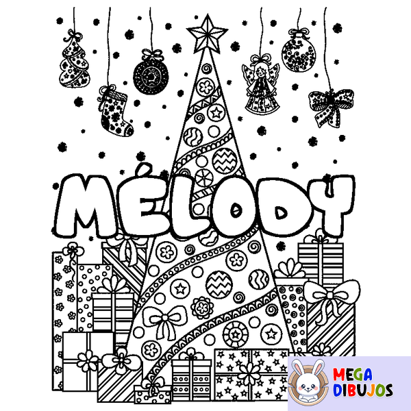 Coloraci&oacute;n del nombre M&Eacute;LODY - decorado &aacute;rbol de Navidad y regalos