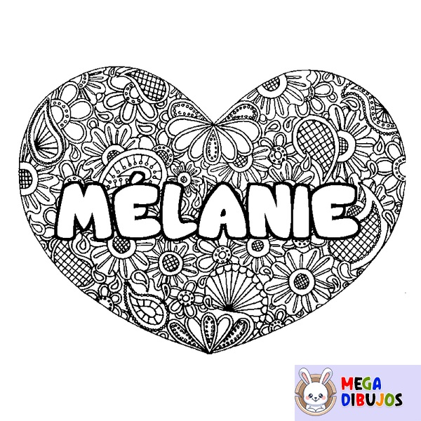 Coloraci&oacute;n del nombre M&Eacute;LANIE - decorado mandala de coraz&oacute;n
