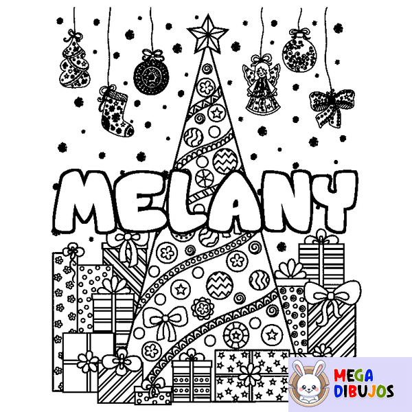 Coloraci&oacute;n del nombre MELANY - decorado &aacute;rbol de Navidad y regalos