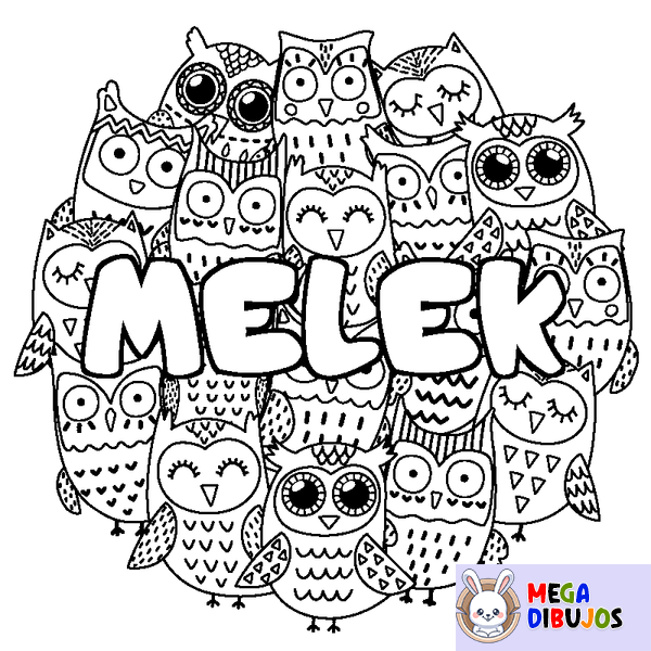 Coloraci&oacute;n del nombre MELEK - decorado b&uacute;hos