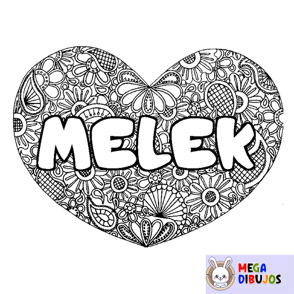 Coloraci&oacute;n del nombre MELEK - decorado mandala de coraz&oacute;n