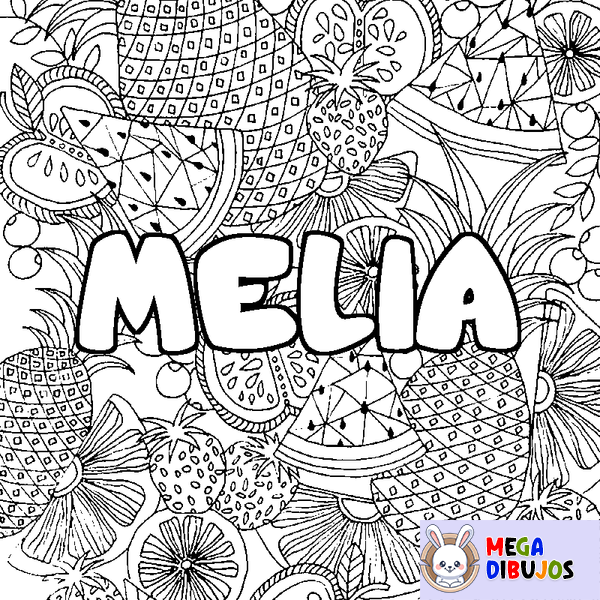 Coloraci&oacute;n del nombre MELIA - decorado mandala de frutas