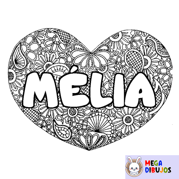 Coloraci&oacute;n del nombre M&Eacute;LIA - decorado mandala de coraz&oacute;n