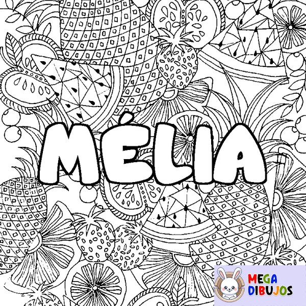 Coloraci&oacute;n del nombre M&Eacute;LIA - decorado mandala de frutas