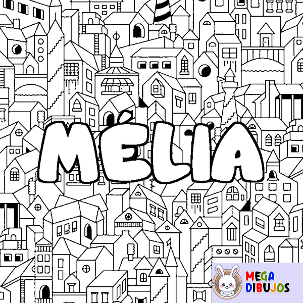 Coloraci&oacute;n del nombre M&Eacute;LIA - decorado ciudad