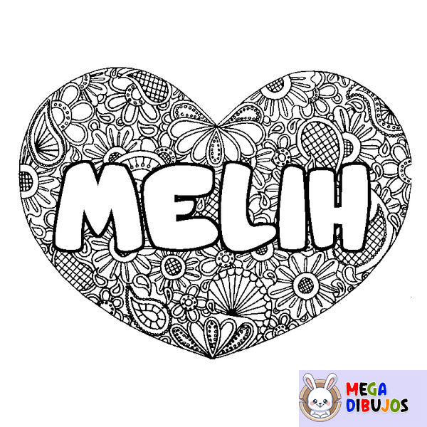 Coloraci&oacute;n del nombre MELIH - decorado mandala de coraz&oacute;n