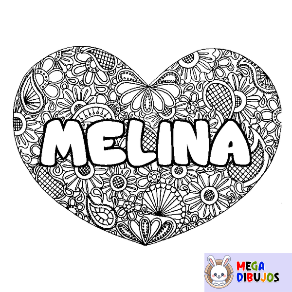 Coloraci&oacute;n del nombre MELINA - decorado mandala de coraz&oacute;n