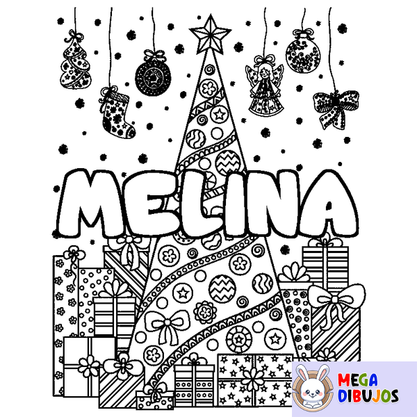 Coloraci&oacute;n del nombre MELINA - decorado &aacute;rbol de Navidad y regalos