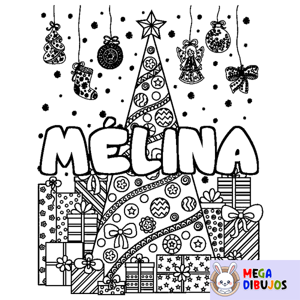 Coloraci&oacute;n del nombre M&Eacute;LINA - decorado &aacute;rbol de Navidad y regalos