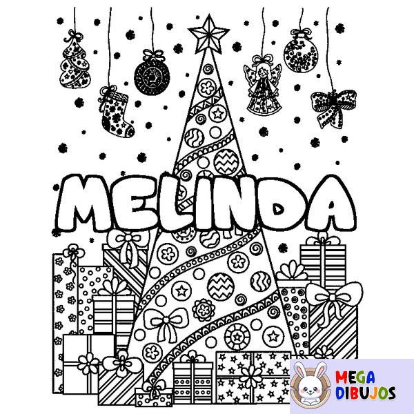 Coloraci&oacute;n del nombre MELINDA - decorado &aacute;rbol de Navidad y regalos