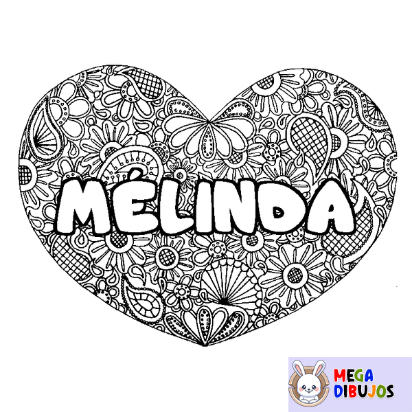Coloraci&oacute;n del nombre M&Eacute;LINDA - decorado mandala de coraz&oacute;n