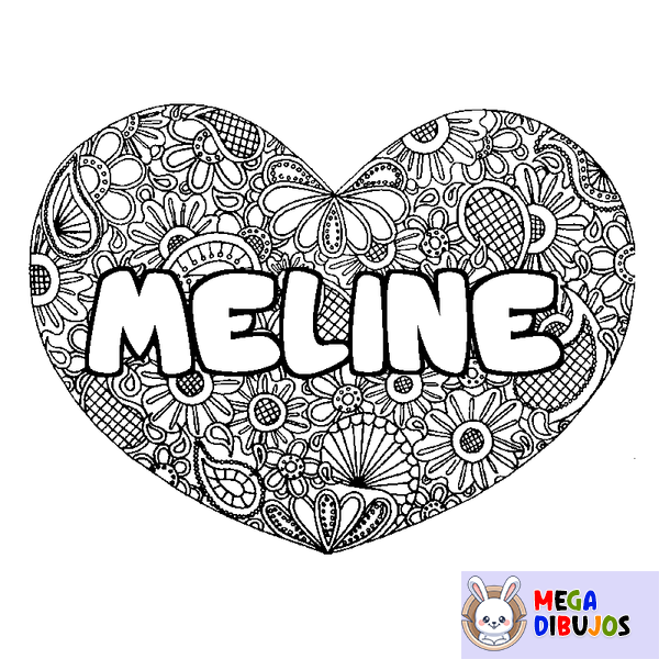 Coloraci&oacute;n del nombre MELINE - decorado mandala de coraz&oacute;n