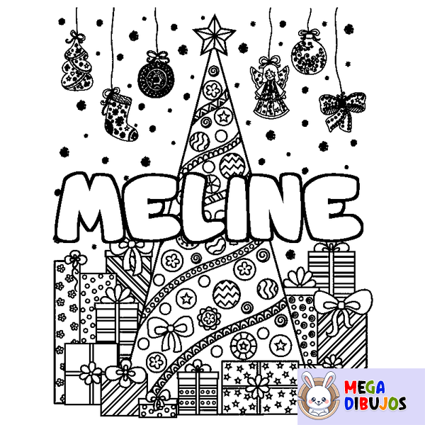 Coloraci&oacute;n del nombre MELINE - decorado &aacute;rbol de Navidad y regalos