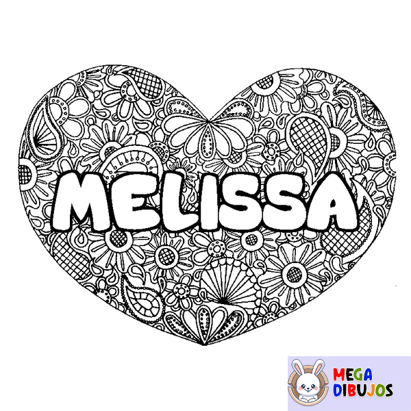 Coloraci&oacute;n del nombre MELISSA - decorado mandala de coraz&oacute;n