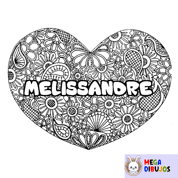Coloraci&oacute;n del nombre MELISSANDRE - decorado mandala de coraz&oacute;n