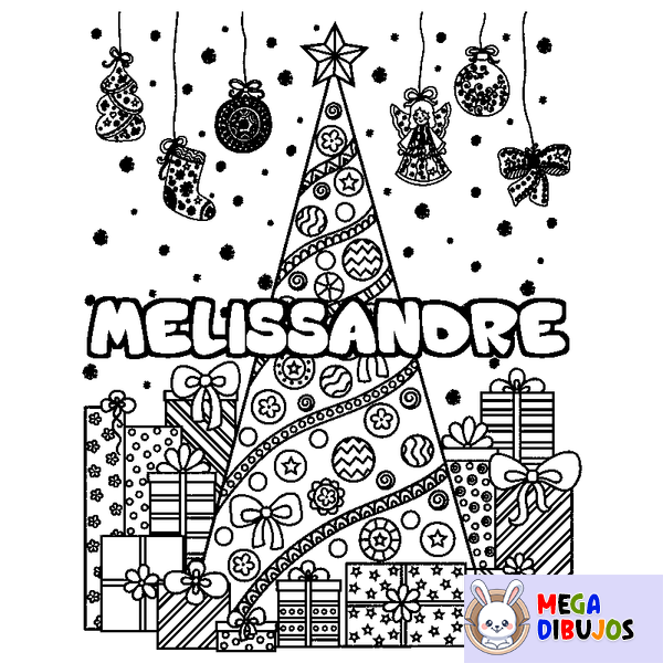 Coloraci&oacute;n del nombre MELISSANDRE - decorado &aacute;rbol de Navidad y regalos