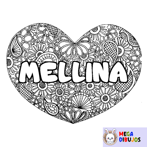 Coloraci&oacute;n del nombre MELLINA - decorado mandala de coraz&oacute;n