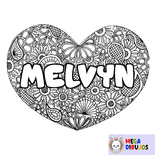 Coloraci&oacute;n del nombre MELVYN - decorado mandala de coraz&oacute;n