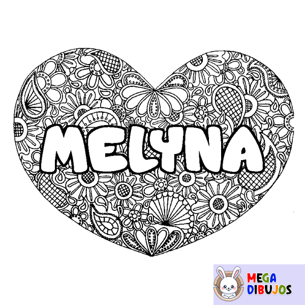 Coloraci&oacute;n del nombre MELYNA - decorado mandala de coraz&oacute;n