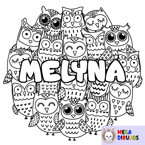 Coloraci&oacute;n del nombre MELYNA - decorado b&uacute;hos