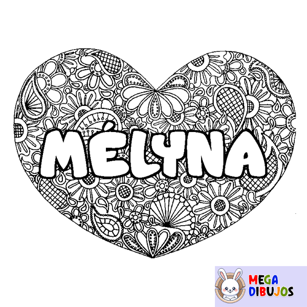 Coloraci&oacute;n del nombre M&Eacute;LYNA - decorado mandala de coraz&oacute;n