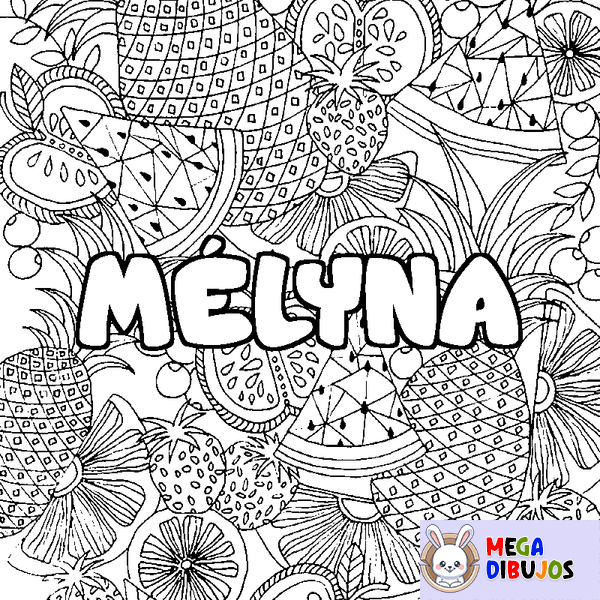 Coloraci&oacute;n del nombre M&Eacute;LYNA - decorado mandala de frutas
