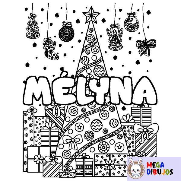Coloraci&oacute;n del nombre M&Eacute;LYNA - decorado &aacute;rbol de Navidad y regalos