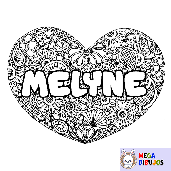 Coloraci&oacute;n del nombre MELYNE - decorado mandala de coraz&oacute;n