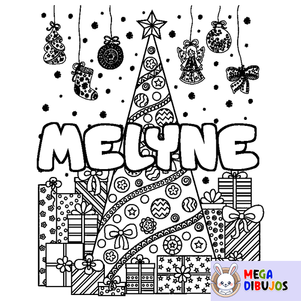 Coloraci&oacute;n del nombre MELYNE - decorado &aacute;rbol de Navidad y regalos