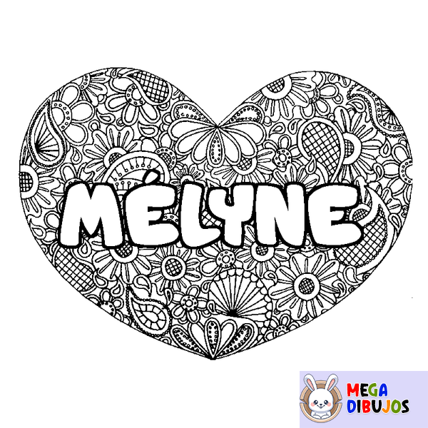 Coloraci&oacute;n del nombre M&Eacute;LYNE - decorado mandala de coraz&oacute;n