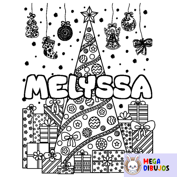 Coloraci&oacute;n del nombre MELYSSA - decorado &aacute;rbol de Navidad y regalos