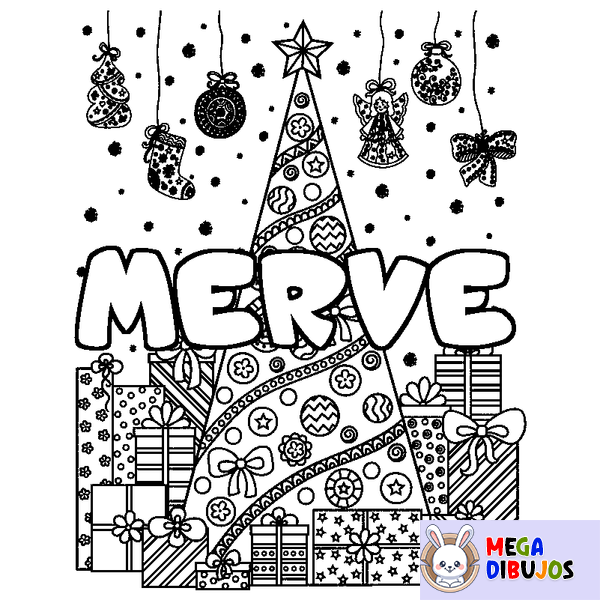 Coloraci&oacute;n del nombre MERVE - decorado &aacute;rbol de Navidad y regalos