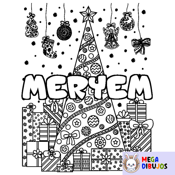 Coloraci&oacute;n del nombre MERYEM - decorado &aacute;rbol de Navidad y regalos