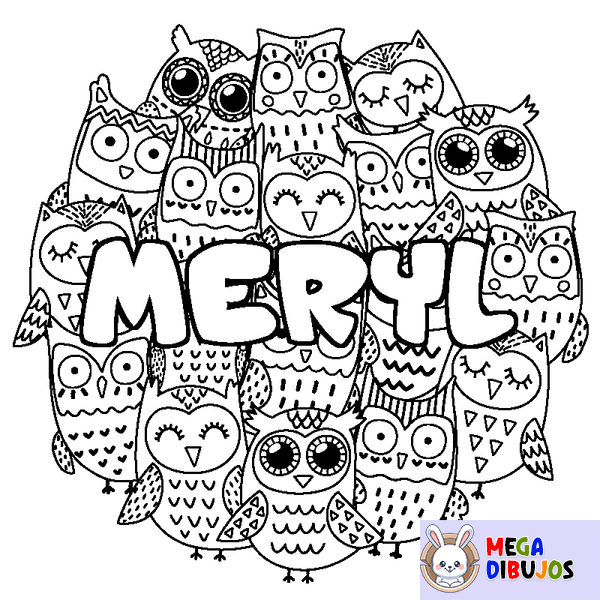 Coloraci&oacute;n del nombre MERYL - decorado b&uacute;hos